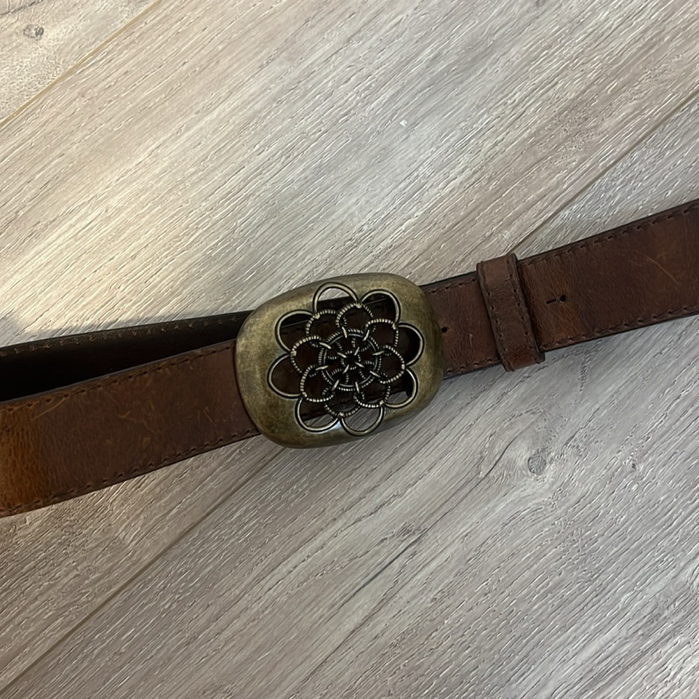 Brown Leather Gold Brass Buckle Boho Belt Y2K